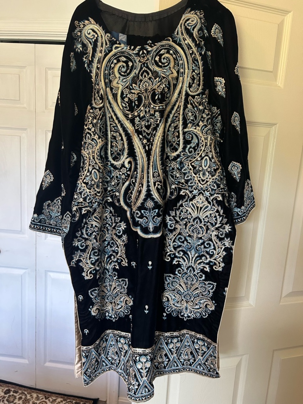 Black 3 piece kameez, trouser, and dupatta. Embroidered Velvet Tunic Dress